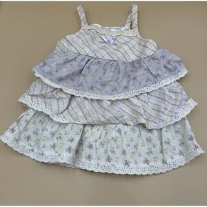 Small Wonders Dress Baby Girl 3-6 Months Floral Plaid Tiered Lace Bow Purple